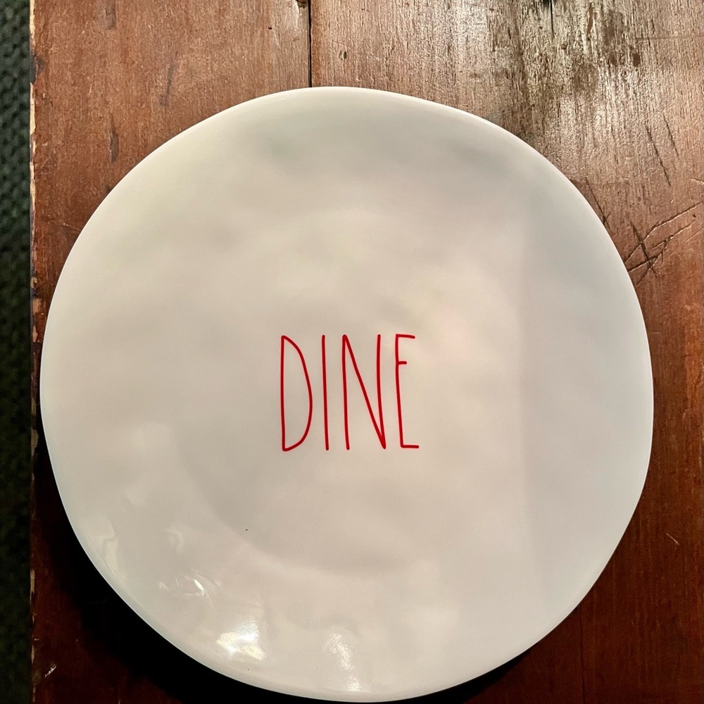 Rae Dunn Melamine White Plate with Red 'DINE'. Set of 4.